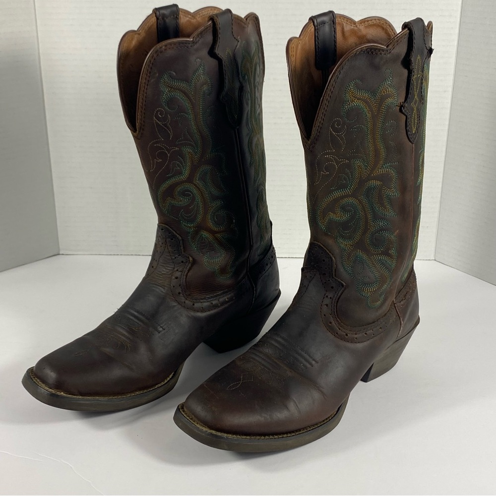 Justin Cowboy Boots Womens Size 8.5 Mens 6.5 Brown Leather Embroidered Western